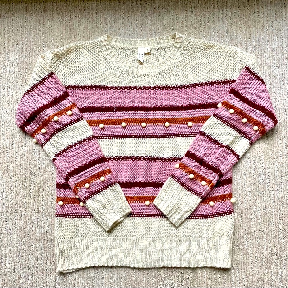 Striped Knit Sweater with Pom Pom detail